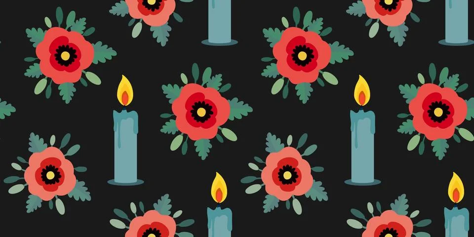 Seamless dark vector pattern memorial day pastel colors floral poppies burn.. Stock Illustration