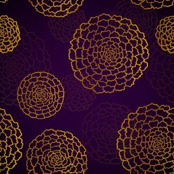 Seamless dark violet pattern with golden marigolds Stock Illustration
