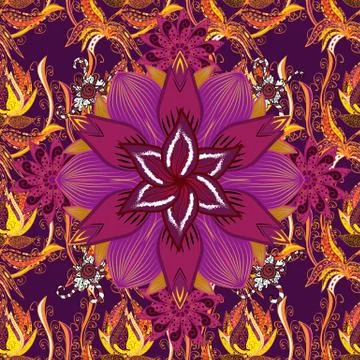Seamless decorative background, flower mandala. On orange, purple and brown colo Stock Illustration