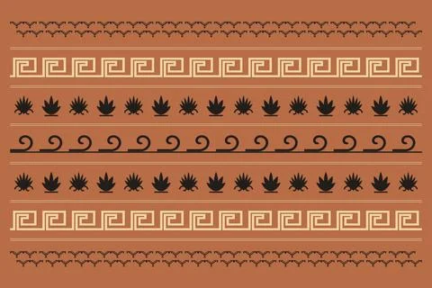 Seamless decorative design featuring repeating Greek key lines, botanical s.. Illustrazione stock