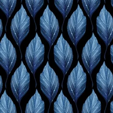 Seamless decorative pattern with blue leaves on black Stock Illustration