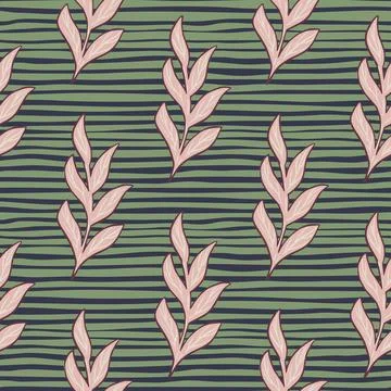 Seamless decorative pattern with botanic pink outline branches. Green striped Stock Illustration