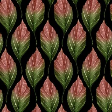 Seamless decorative pattern with green and red leaves on black background Stock Illustration