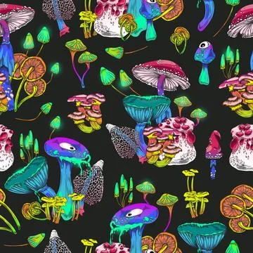 Seamless decorative pattern with magic psychedelic mushrooms vector illustration Stock Illustration