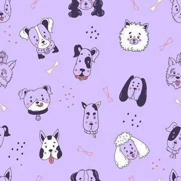 Seamless decorative pattern with muzzle and portraits of cute domestic dogs of d Stock Illustration