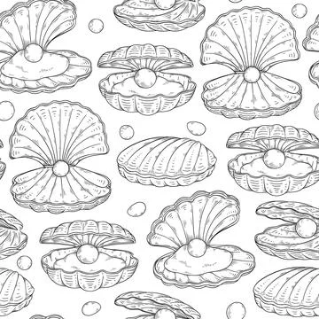 Seamless decorative pattern with pearls in shells, sketch vector illustration. Illustrazione stock