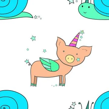 Seamless decorative pattern. Pig with wings and horn. Cute cartoon character. Illustrazione stock