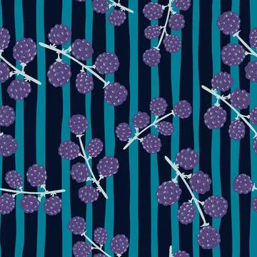 Seamless decorative pattern with purple random blackberry ornament. Blue stri 스톡 일러스트