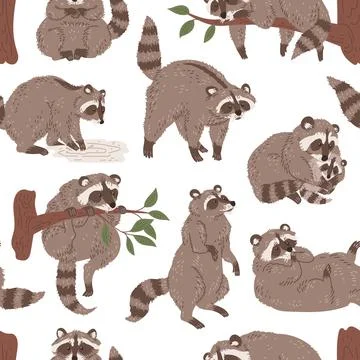 Seamless decorative pattern with raccoons flat vector illustration on white. Stock Illustration