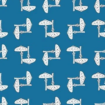 Seamless decorative pattern with white outline mushroom silhouettes. Blue bri Stock Illustration