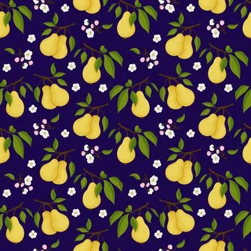 Seamless decorative pattern with yellow pears, leaves, and blossoms on a dark Stock Illustration