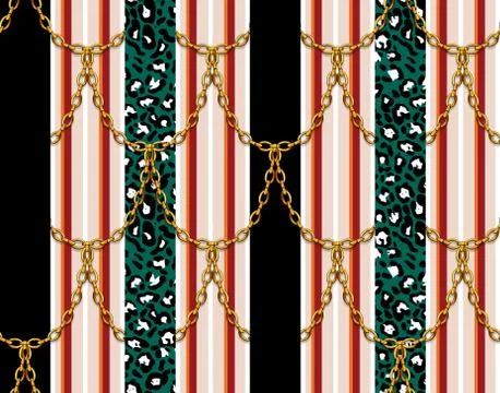 Seamless decorative shiny chains with black striped background and colored leopa Stock Illustration