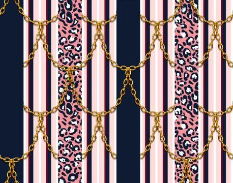 Seamless decorative shiny chains with dark blue striped background and colored l Stock Illustration