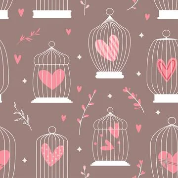 Seamless decorative spring pattern with cages and hearts inside. valentine's day Illustrazione stock