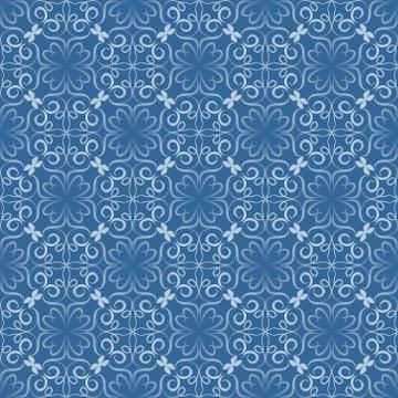 Seamless decorative vector tile with white filigree lace patterns on blue bac Stock Illustration