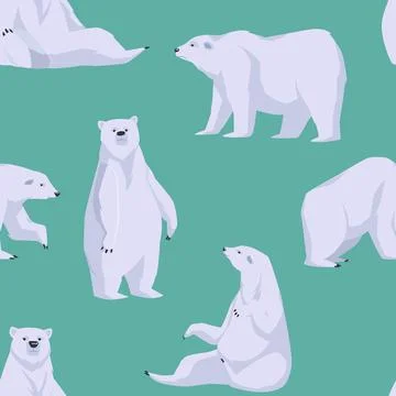 Seamless decorative winter pattern with polar bear in various poses flat vector. Stock Illustration