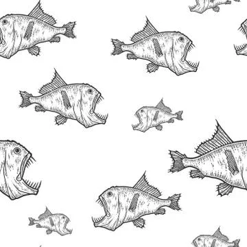 Seamless, deep sea predatory fish, scary animal. Sketch scratch Stock Illustration