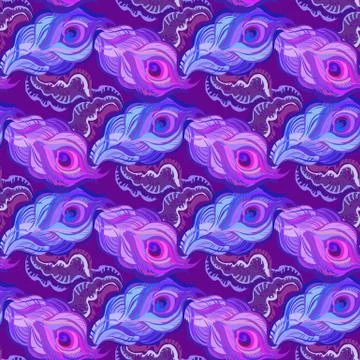 Seamless deep violet peacock feather vector pattern background. Stock Illustration