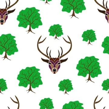 Seamless of deer portrait on white background with big and small trees Stock Illustration