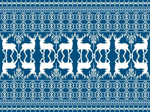 Seamless Deer Textile Pattern with Tribal Woven Motifs, Traditional Fabric Desig Stock Illustration