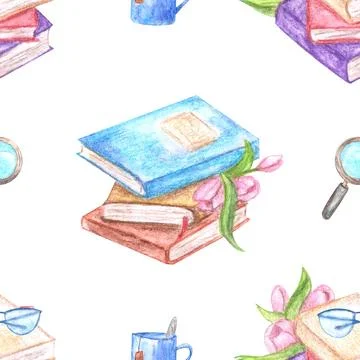 Seamless delicate pattern with books and flowers, painted in watercolor. Stock Illustration