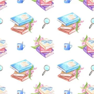 Seamless delicate pattern with books and flowers, painted in watercolor. Stock Illustration