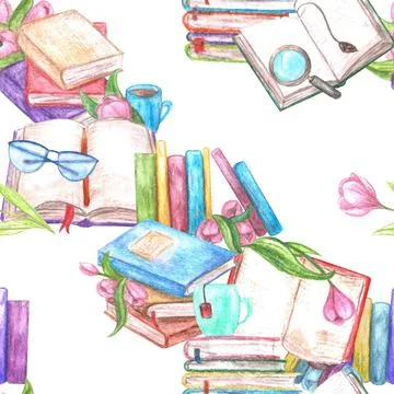 Seamless delicate pattern with books and flowers, painted in watercolor. Stock Illustration