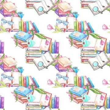 Seamless delicate pattern with books and flowers, painted in watercolor. Stock Illustration