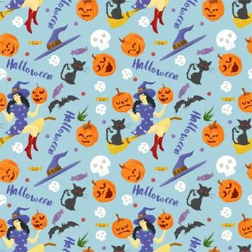 Seamless design pattern for all saints eve Halloween Witch flying on a broom Stock Illustration