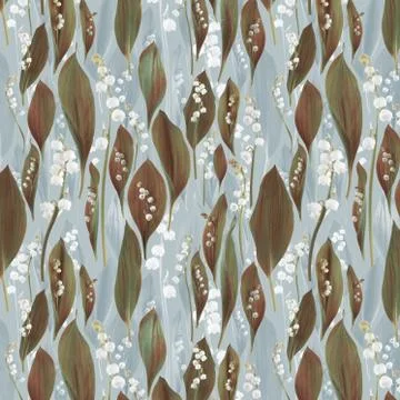 Seamless design pattern with lilies of the valley and leaves Stock Photos
