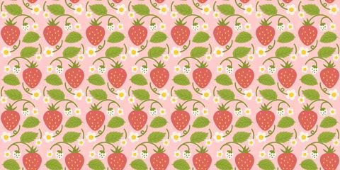 Seamless design pattern with strawberries, cute berries, flowers, green leave Stock Illustration
