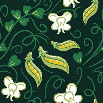 This seamless design showcases elegantly illustrated pea pods and flowers in a Stock Illustration