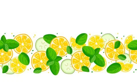 Seamless detox pattern. Citrus fruit, mint leaves, cucumber border on white Illustrazione stock