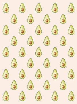 Seamless diagonal pattern of avocado halves on a pastel peach background, ... Stock Photos