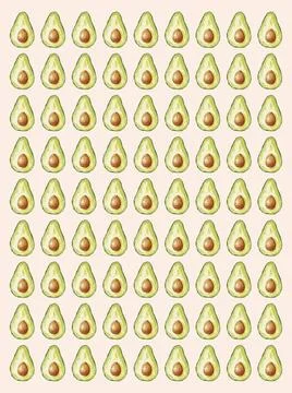 Seamless diagonal pattern of avocado halves on a pastel peach background, ... Stock Photos