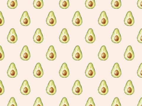Seamless diagonal pattern of avocado halves on a pastel peach background, ... Fotos de archivo