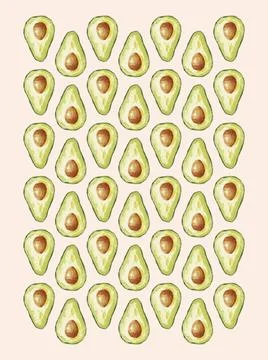 Seamless diagonal pattern of avocado halves on a pastel peach background, ... Stock Photos