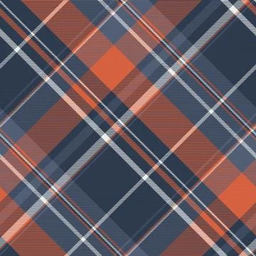 Seamless diagonal plaid pattern in navy blue, rustic orange, and white. This  Stock Illustration