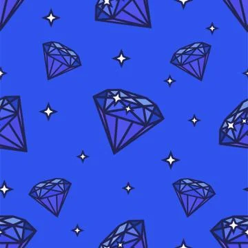 Seamless diamonds pattern. Illustration on blue background. Gem shape and stars Stock Illustration