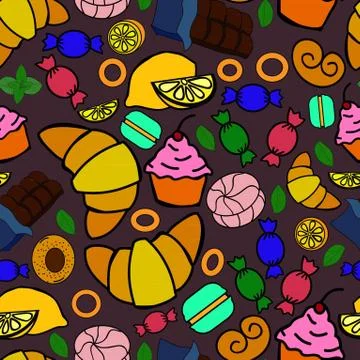 Seamless different sweets pattern. Assorted candies on brown background. イラスト素材