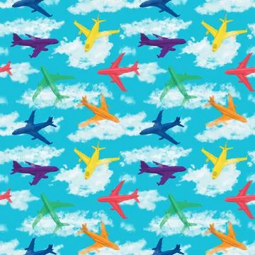 Seamless digital pattern of multicolor airplanes Stock Illustration