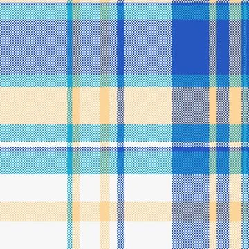 A seamless digital plaid pattern featuring vibrant blue, cyan, and warm beige Stock Illustration