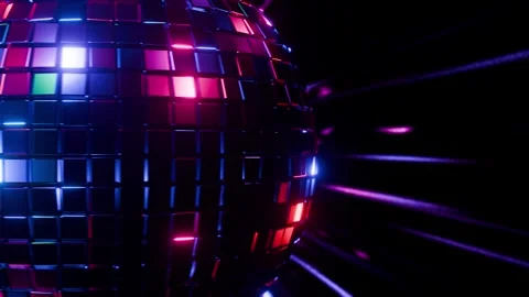Seamless disco ball VJ loop with retro neon glow, laser light rays, and Stock Footage 342348428