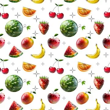Seamless disco mirror ball pattern cherry, watermelon, banana. Mosaic style イラスト素材