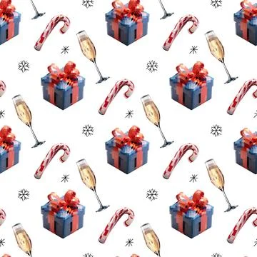 Seamless disco mirror ball pattern new year, champagne, gift, caramel cane... Stock Illustration