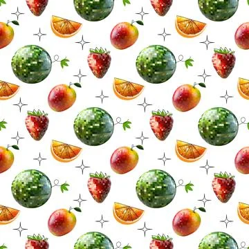Seamless disco mirror ball template cherry, watermelon, banana apple mango... Stock Illustration