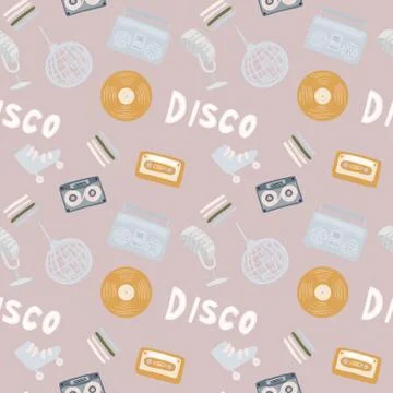 Seamless disco pattern with ball, microphone, rollers, cassette, tape recorde Stock Illustration