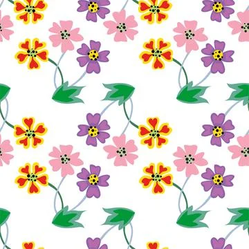 Seamless ditsy floral pattern with cute plants on white background. Vector il Stock Illustration
