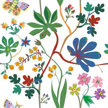 Seamless ditsy floral pattern with cute plants on white background. Vector il Stock Illustration