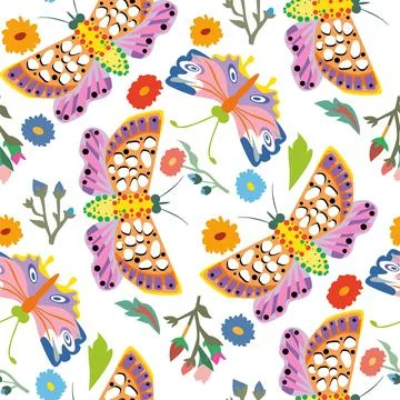 Seamless ditsy floral pattern with trendly plants and butterflies on white ba Stock Illustration